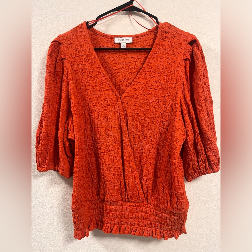 Calligraphie Half Sleeve Orange Blouse